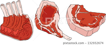 Colorful vector illustrations of various raw meat cuts, with detailed textures Colorful vector illustrations of various raw meat cuts, with detailed textures 132932674