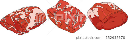 Colorful vector illustrations of various raw meat cuts, with detailed textures Colorful vector illustrations of various raw meat cuts, with detailed textures 132932678
