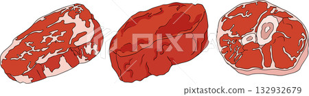 Colorful vector illustrations of various raw meat cuts, with detailed textures 132932679