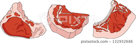 Colorful vector illustrations of various raw meat cuts, with detailed textures 132932686