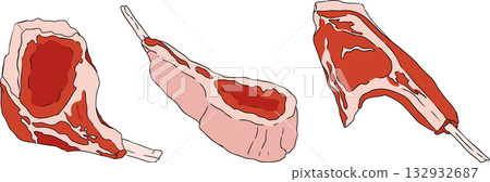 Colorful vector illustrations of various raw meat cuts, with detailed textures 132932687
