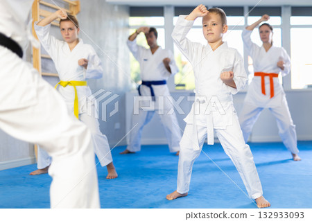 Boy in kimono with his family at group training in gym practice karate punch block technique Boy in kimono with his family at group training in gym practice karate punch block technique 132933093