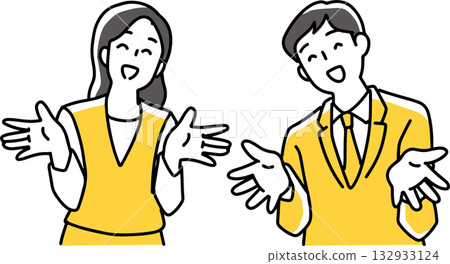 Male and female employees guiding with open arms 132933124