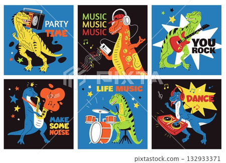 Cute dinosaur listening music, playing saxophone, electric guitar and drums, colorful vector posters set bright design Cute dinosaur listening music, playing saxophone, electric guitar and drums, colorful vector posters set bright design 132933371