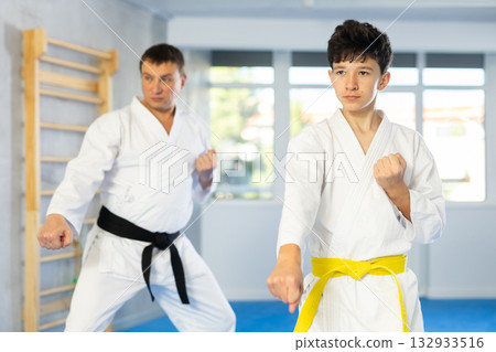 Individual karate lesson for teenager - fighting position of teenager and coach during karate training in gym Individual karate lesson for teenager - fighting position of teenager and coach during karate training in gym 132933516
