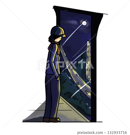 A lonely person stands indoors gazing out a large window at night cartoon illustration 132933716