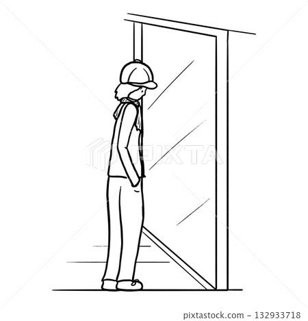 A person stands indoors gazing out a large window cartoon outline illustration 132933718