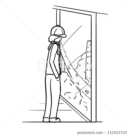 A man stands indoors watching view through a large window cartoon outline illustration 132933720