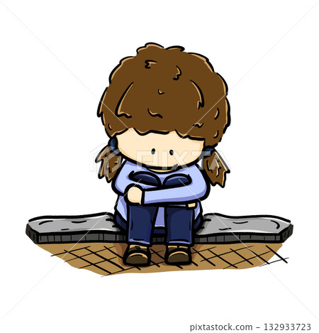 Cartoon girl sitting on bench hugging knees illustration Cartoon girl sitting on bench hugging knees illustration 132933723