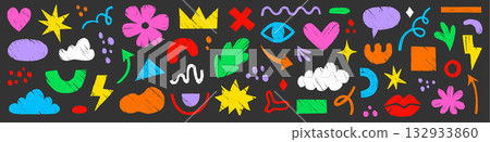 Crayon abstract organic element set. Hand drawn sketch doodle scribble pastel brush geometric figure shape crayon texture background. Abstract arrow, circle, zigzag elements. Vector Crayon abstract organic element set. Hand drawn sketch doodle scribble pastel brush geometric figure shape crayon texture background. Abstract arrow, circle, zigzag elements. Vector 132933860