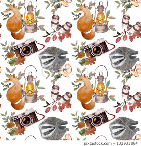 Badger, fox, vintage lantern, binoculars, retro camera, leaves, berries seamless watercolor pattern on white background. Perfect for fabric prints, stationery, gift wrap, and autumn seasonal products. 132933864