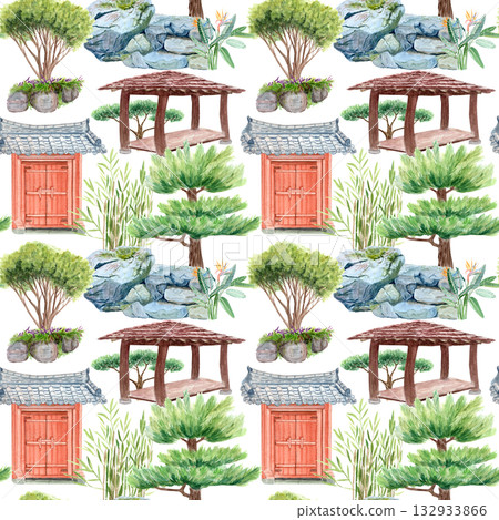 Asian style garden traditional gates, gazebo, decorative plants, watercolor illustration on blue. Hand drawn art perfect for cards, banners, posters. Korean traditional horizontal landscape clip art 132933866