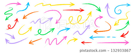 Arrow crayon pastel pencil chalk color line stroke. Sketch chalk pastel color pencil texture line kid fun arrow icon. Hand drawn grunge crayon pencil brush direction elements. Vector 132933867