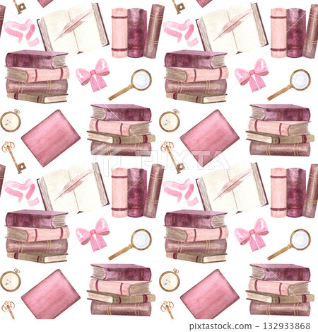 Vintage books, romantic accessories, ribbon, feather, magnifying glass, bow, key, clock. Seamless watercolor pattern perfect for stationery, wrapping paper, textiles, book lovers, cozy academic themes 132933868