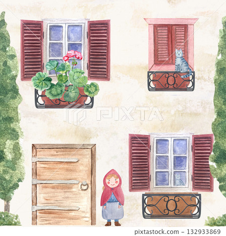 Mediterranean-style house facade with shuttered windows, flower pots, cat, front door, girl in red hood. Watercolor seamless pattern perfect for children books, story illustrations, cards, playful 132933869