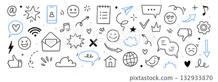 Emoji internet sketch icon set. Internet conversation, media outline tech emoji, star, arrow shape. Hand drawn sketch chat emoticon reaction, digital cloud, smile face elements. Vector Emoji internet sketch icon set. Internet conversation, media outline tech emoji, star, arrow shape. Hand drawn sketch chat emoticon reaction, digital cloud, smile face elements. Vector 132933870