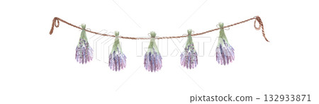 Lavender bundles tied to rustic rope, creating a charming botanical garland watercolor composition isolated on white. Delicate purple flowers with green stems, perfect for decoration, design projects 132933871