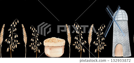 A windmill, wheat and oat stalks, a sack of grain, watercolor horizontal seamless border isolated on black. Hand painted clip art perfect for agricultural, bakery, organic food textile and packaging 132933872