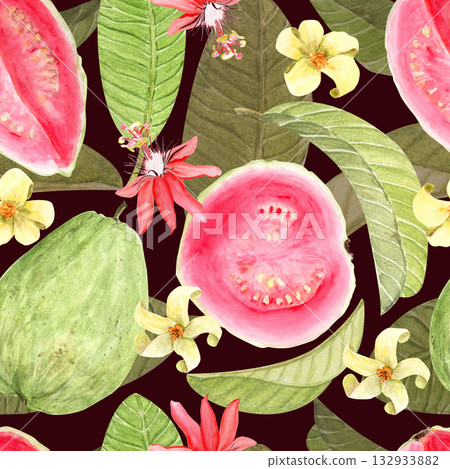 Guava fruits, flowers, and leaves seamless tropical pattern on a dark background. Hand painted watercolor illustrations. Ideal for textile design, packaging, wallpapers, eco-friendly branding projects 132933882