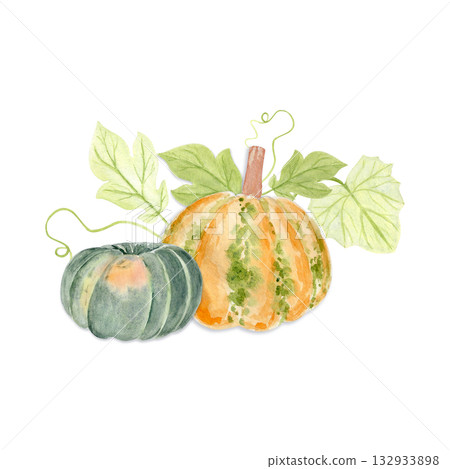 Orange and green pumpkins with speckles and leaves. Hand-painted watercolor autumn harvest element perfect for Thanksgiving design, Halloween, seasonal stationery, packaging, rustic kitchen decor 132933898