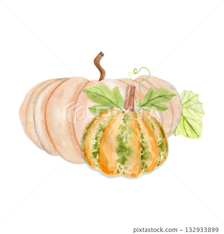 Orange pumpkins, leaves, green speckles, brown stems. Hand-painted watercolor autumn composition perfect for Thanksgiving design, Halloween, seasonal stationery, packaging, rustic kitchen decor.  132933899
