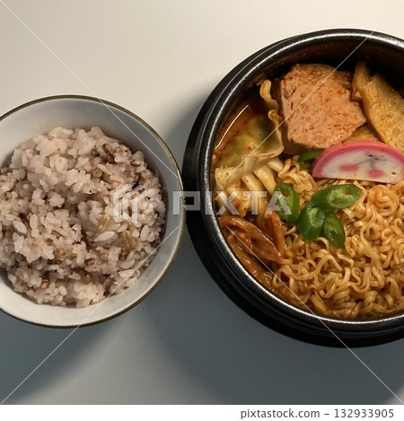 Shin Ramyun,close up of Ramyeon or Ramyun is a Korean-style soup noodle dish with a spicy flavor. Ramyeon or Korean instant noodles with egg - Korean food style 132933905