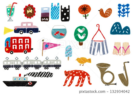Hand-drawn illustrations: Colorful and cute miscellaneous goods, animal and plant illustrations Hand-drawn illustrations: Colorful and cute miscellaneous goods, animal and plant illustrations 132934042