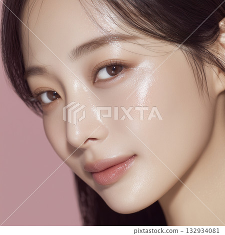 特寫鏡頭:一位女性的臉部,塗抹美容精華液後,皮膚變得濕潤 特寫鏡頭:一位女性的臉部,塗抹美容精華液後,皮膚變得濕潤 132934081