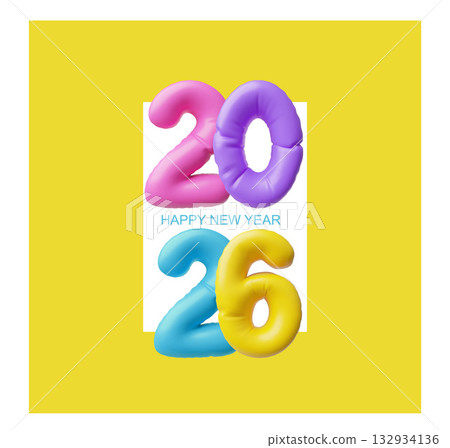 A bright 3D poster with multicolored inflated letters 2026 on a yellow background. 132934136