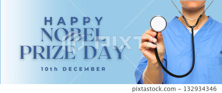 A person in blue scrubs holding a stethoscope on Nobel Prize Day 132934346