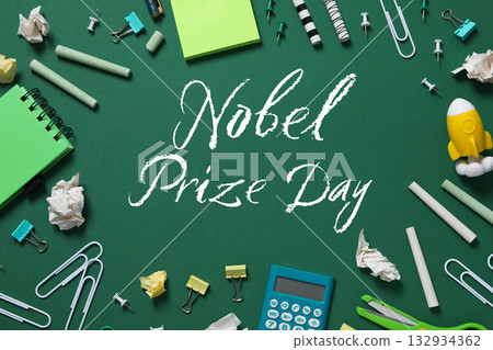 School supplies and decor on a green background 132934362