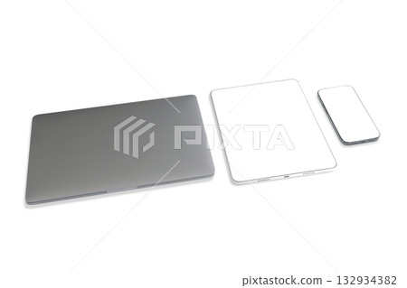 Three devices: laptop, tablet, smartphone on white, isolated, PNG Three devices: laptop, tablet, smartphone on white, isolated, PNG 132934382