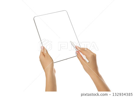 Hands holding a blank tablet with a stylus adding notes, isolated, PNG 132934385