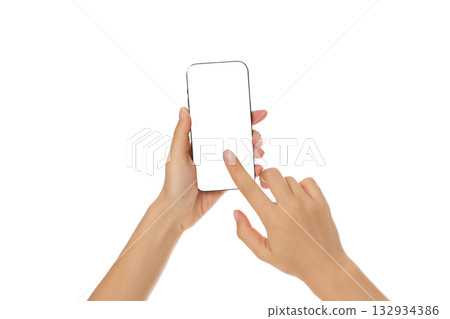 Hand interacts with a blank smartphone screen, isolated, PNG Hand interacts with a blank smartphone screen, isolated, PNG 132934386