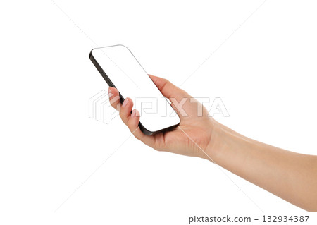 Hand holding a blank smartphone with a white screen, isolated, PNG Hand holding a blank smartphone with a white screen, isolated, PNG 132934387