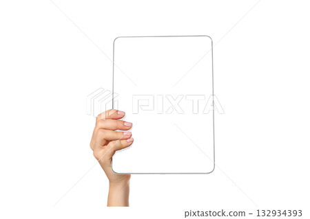 Hand holds a blank tablet on a white background, isolated, PNG Hand holds a blank tablet on a white background, isolated, PNG 132934393