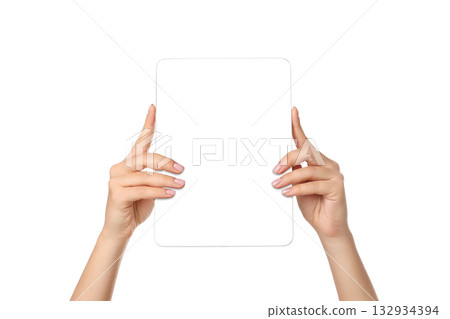Hands holding a blank tablet with an empty screen, isolated, PNG 132934394