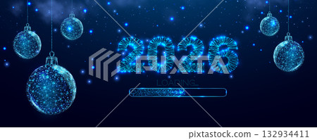 Postcard Happy New Year 2026. Numbers from a polygonal wireframe mesh with Christmas balls. Low poly design. Abstract vector illustration on a dark background. 132934411