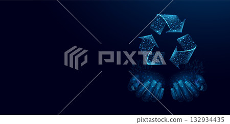 Two human hands are holds recycling sign, glowing blue lowpoly wireframe on a dark background. Vector illustration design concept of Environment day. Two human hands are holds recycling sign, glowing blue lowpoly wireframe on a dark background. Vector illustration design concept of Environment day. 132934435