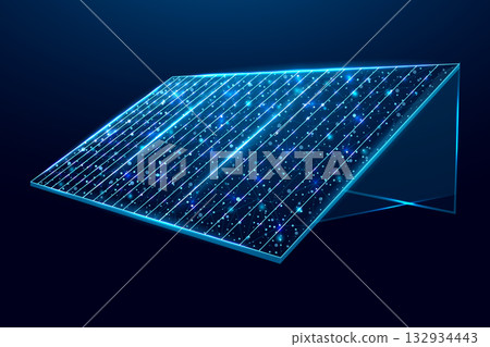 Solar battery, solar panel. Renewable alternative energy concept with glowing low poly panel on dark blue background. Wireframe low poly design. Abstract futuristic vector illustration 132934443