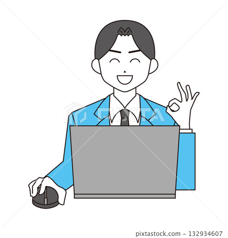 Illustration of a man working on a laptop OK 132934607