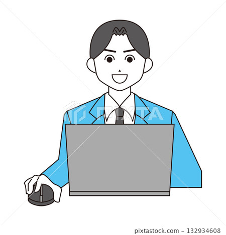 圖解:一名男子麵帶微笑地使用筆記型電腦。 圖解:一名男子麵帶微笑地使用筆記型電腦。 132934608