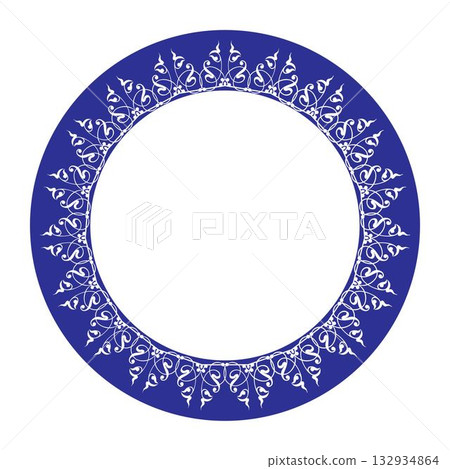 Beautiful round frame arabesques. Blue white plate with floral design. Vintage, ethnic vector frame with arabesques. Round frame with floral ornament. For round surfaces, textiles, embroidery 132934864