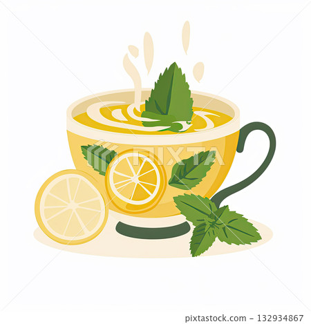 lemon balm tea:  teacup with lemon balm tea. illustration 132934867