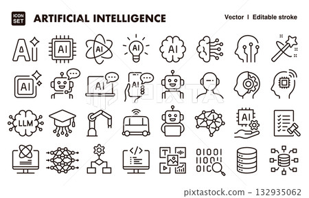 Artificial intelligence (AI) icon illustration set. EPS version can be edited to change line thickness, etc. Artificial intelligence (AI) icon illustration set. EPS version can be edited to change line thickness, etc. 132935062