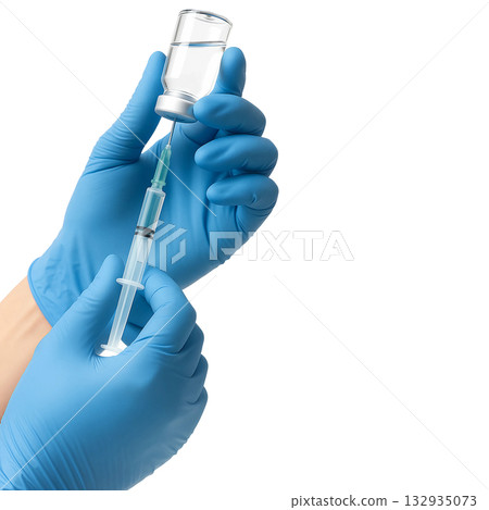 hand in blue glove holding a syringe 132935073