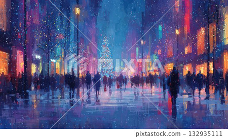 Winter cityscape illumination night view illustration Christmas tree and snowy cityscape 132935111