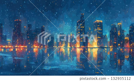 Winter city skyline night view illustration Snowy night cityscape 132935112