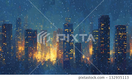 Winter city skyline night view illustration: Cityscape of skyscrapers covered in snow 132935113