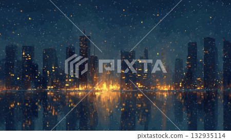 Winter city skyline night view illustration Night cityscape reflected on the lake surface 132935114
